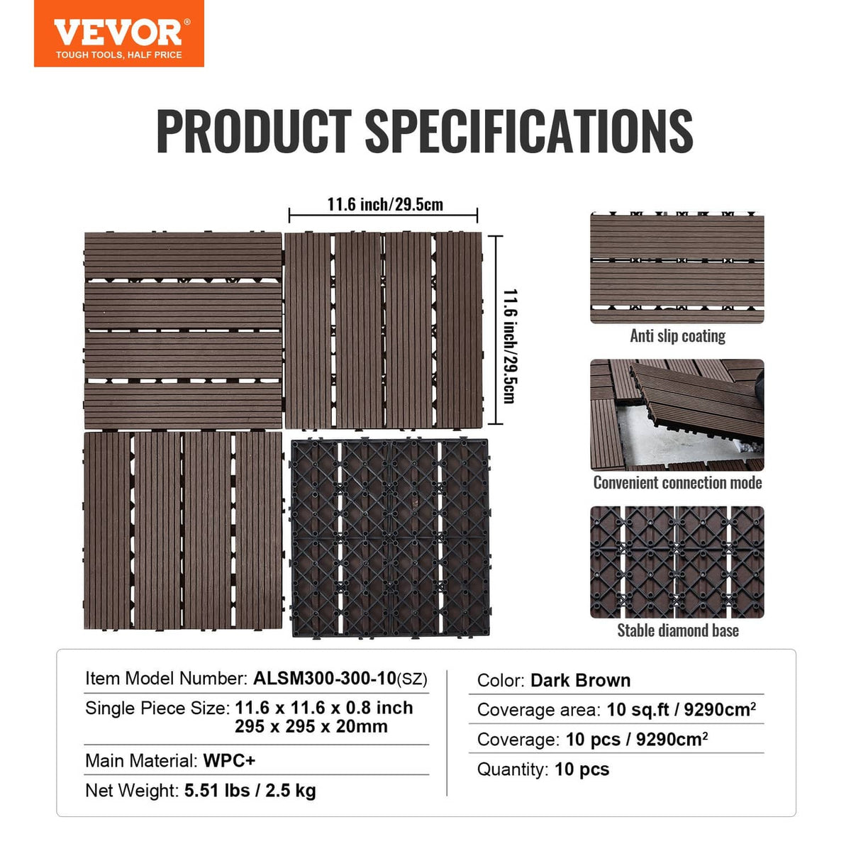 Dark brown interlocking deck tiles set with underside grid and edge clips