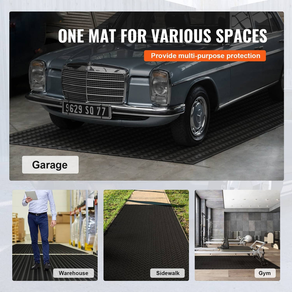 Black diamond-plate garage floor mat with raised grip pattern, rolled vinyl