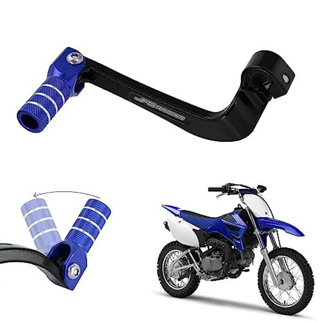 Motorcycle folding gear shifter lever with blue knurled foot grip and black curved arm