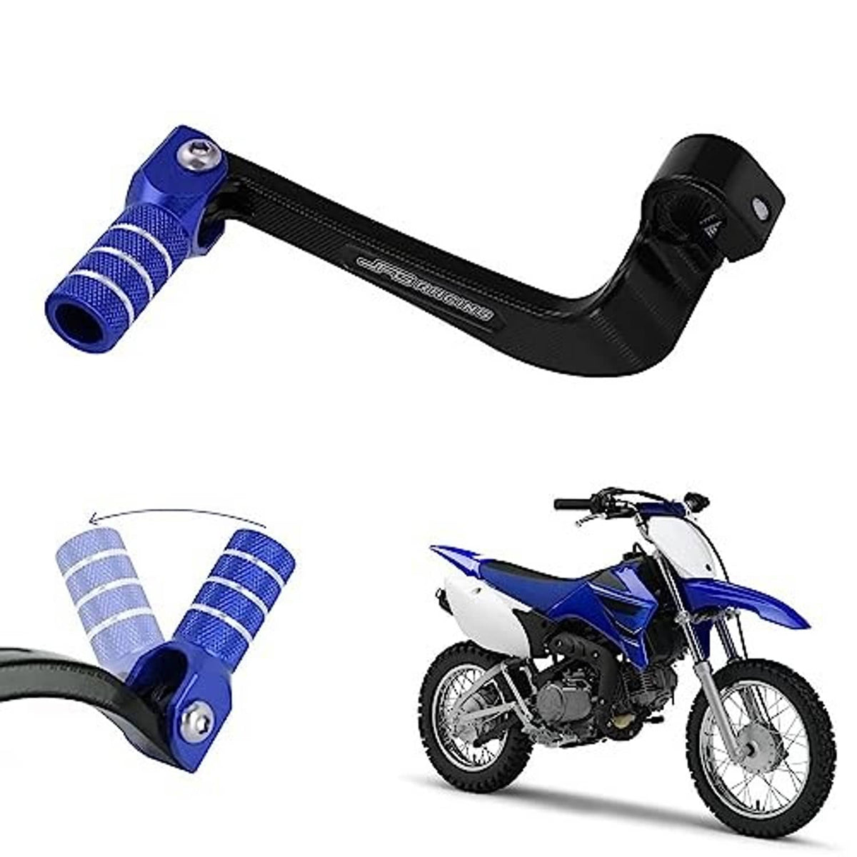 Motorcycle folding gear shifter lever with blue knurled foot grip and black curved arm