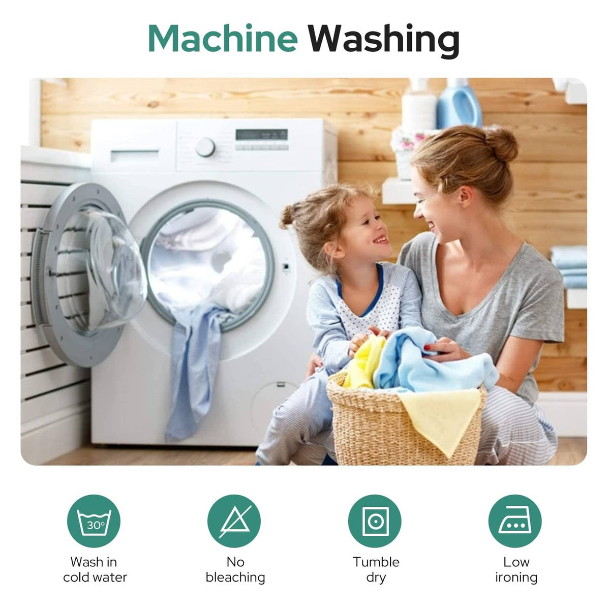 Machine-wash care graphic for light grey blackout door curtain panel