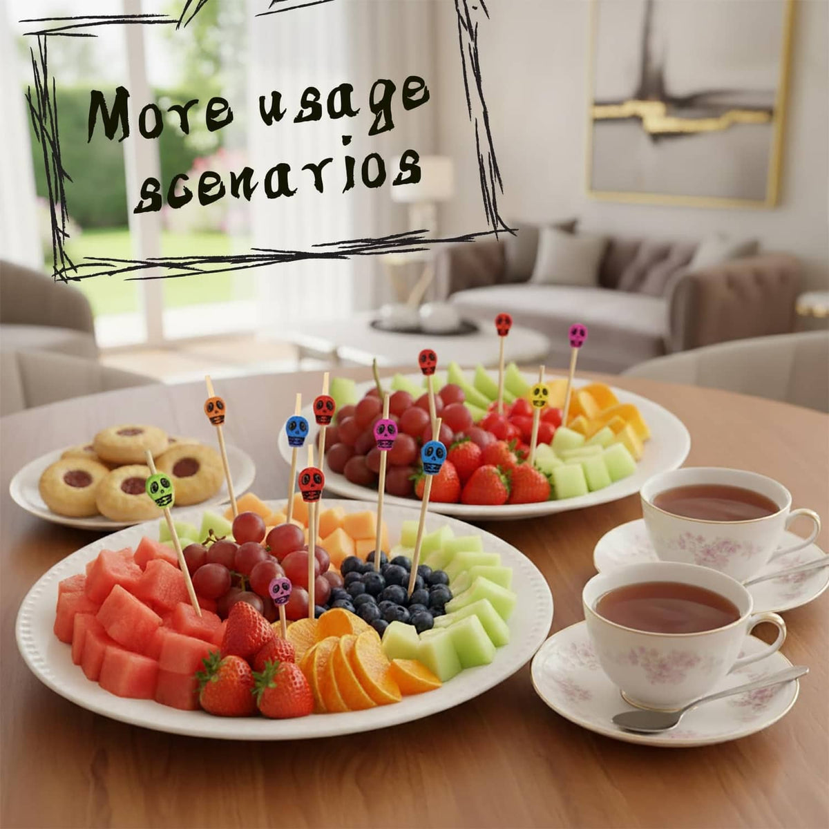 Colorful bamboo skull toothpicks inserted in a fruit platter for brunch serving