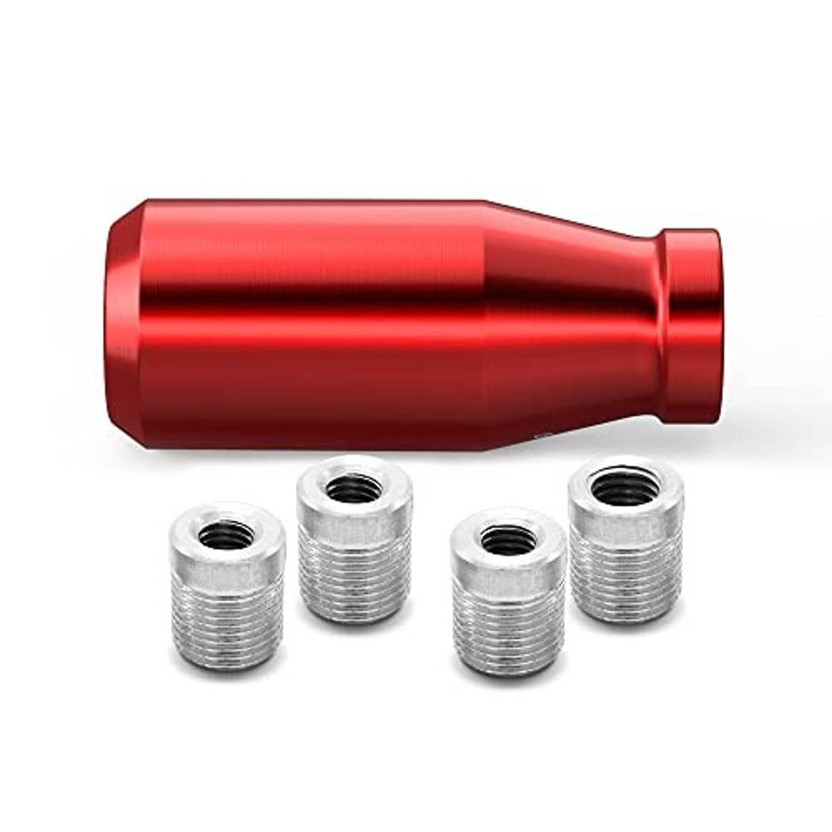 Red gear shift knob side view with four silver threaded adapters