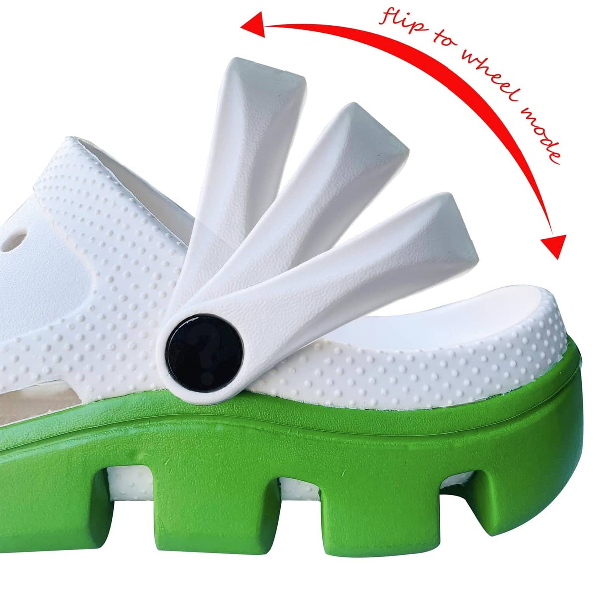 Black replacement rivet strap button on white Croc-style clog, close-up detail