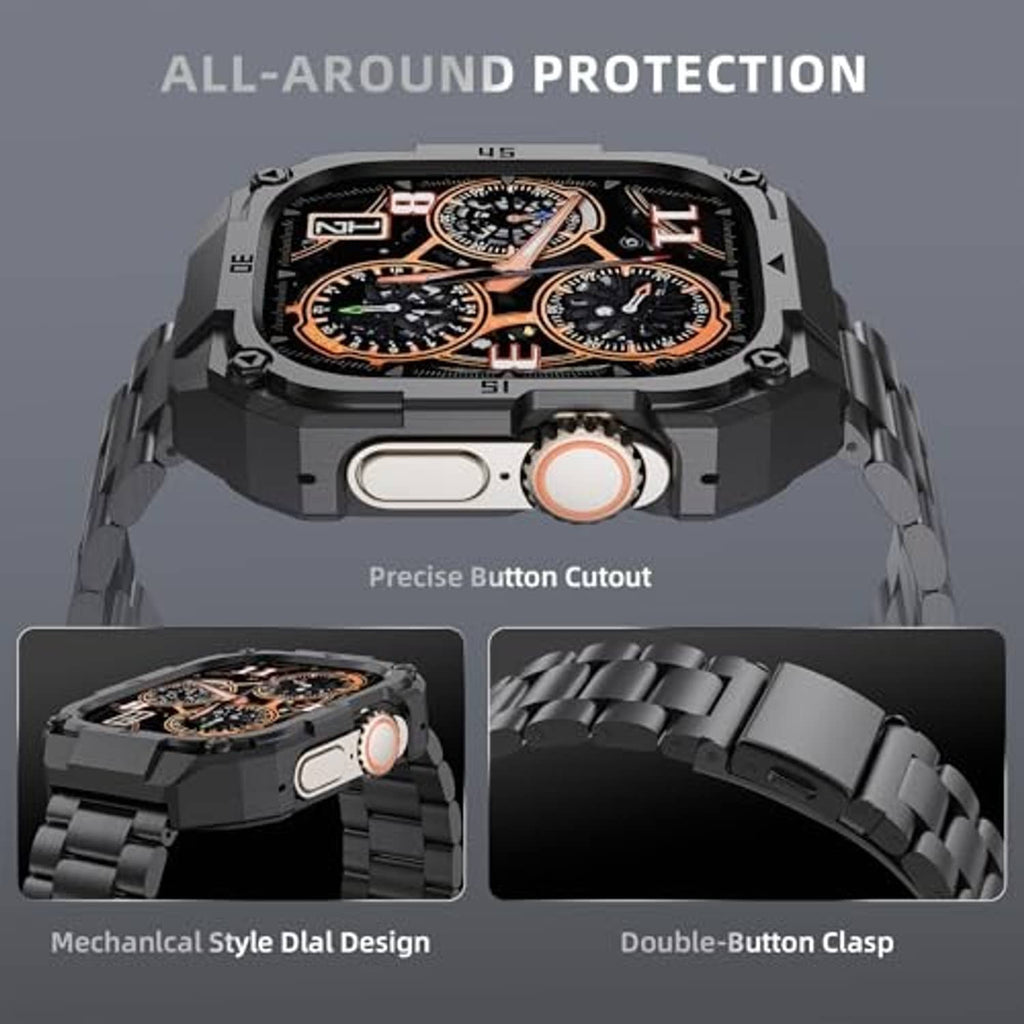 Black rugged watch case with orange button and steel link band clasp