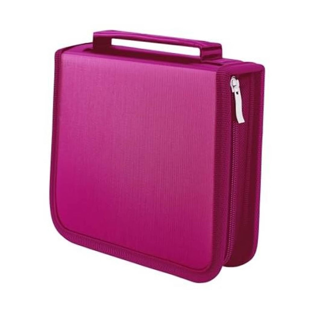 Magenta CD storage case with top handle and zipper closure, rectangular fold-out design