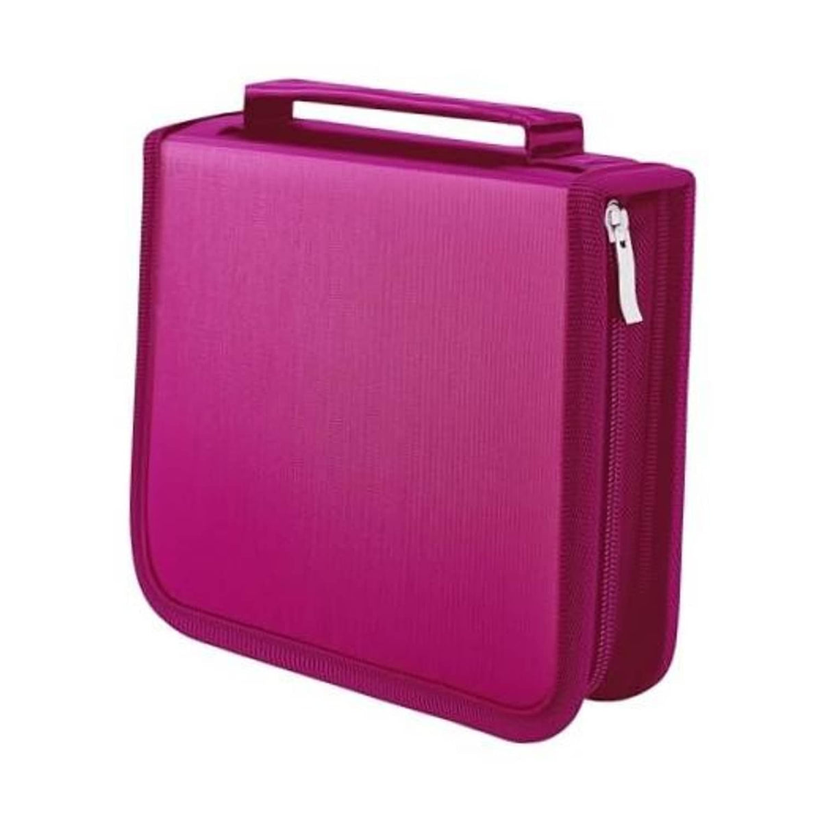 Magenta CD storage case with top handle and zipper closure, rectangular fold-out design