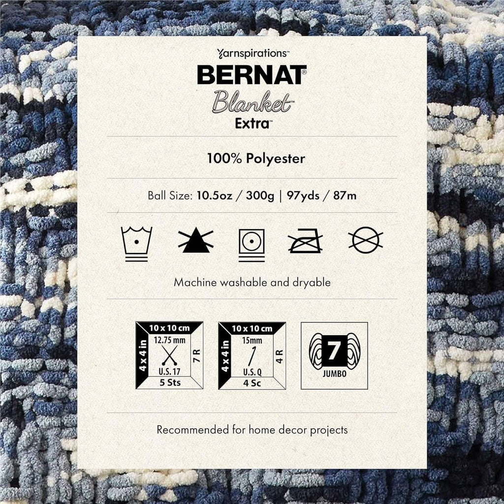 Product info label card for Bernat Blanket Extra jumbo yarn, 100% polyester
