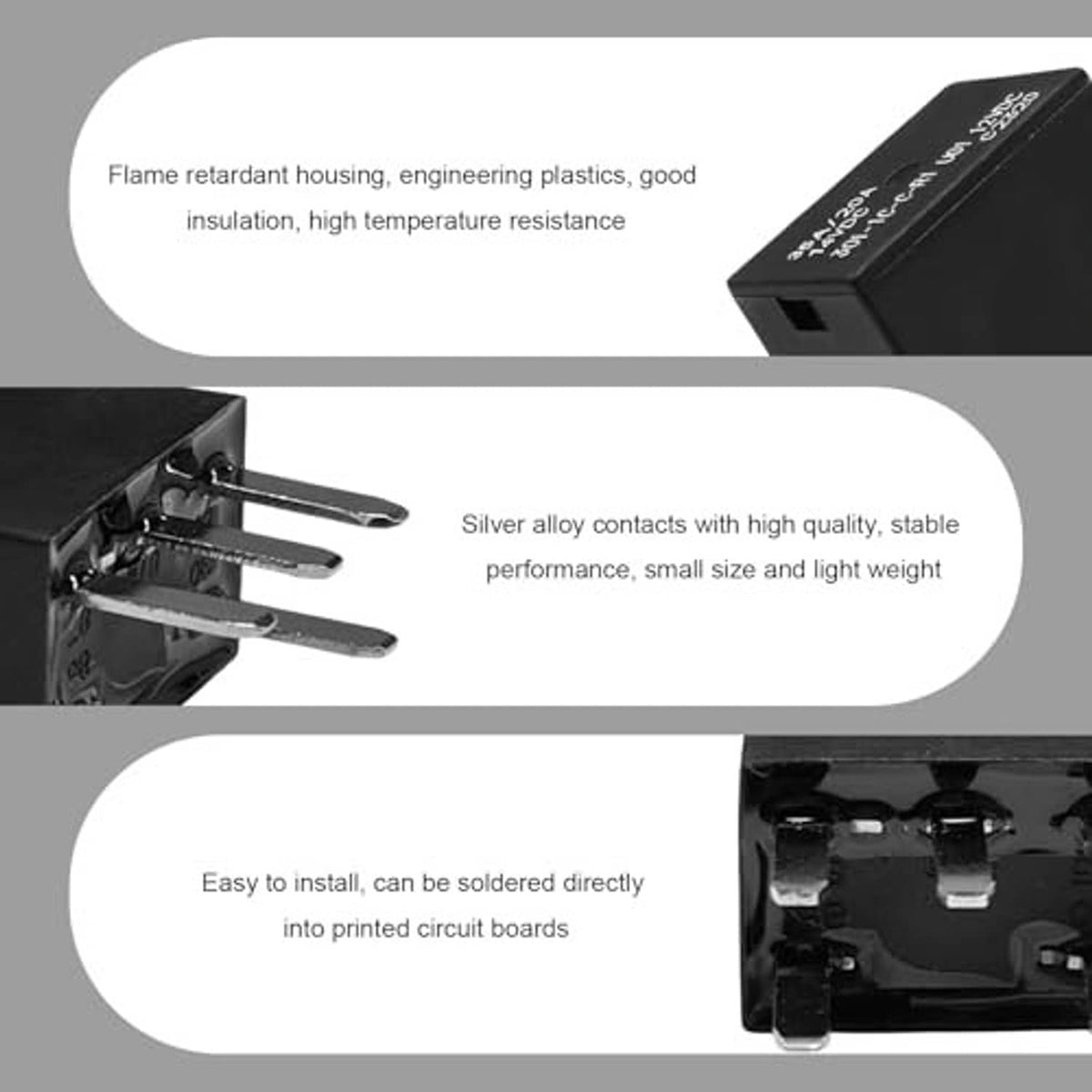 Black five-pin automotive relay with mounting area and metal pin terminals, close-up