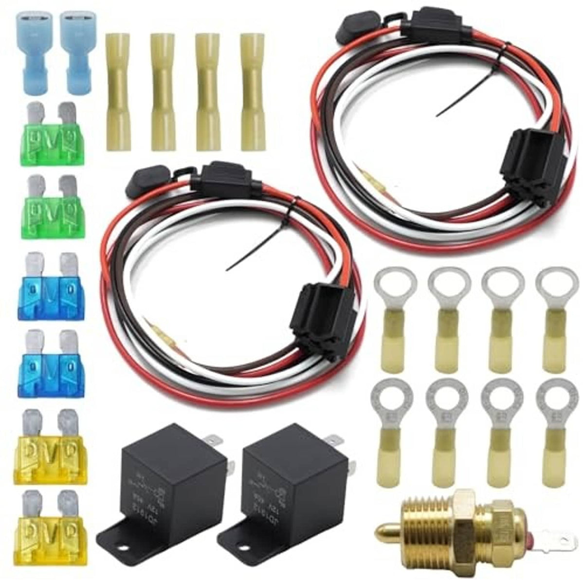 Dual fan relay kit set with two wire harness loops, ring terminals, and brass temperature sensor