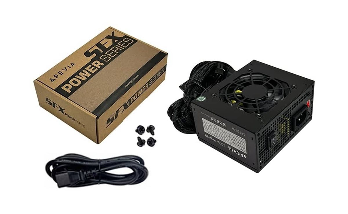 SFX power supply kit with retail box, braided cables, and mounting screws