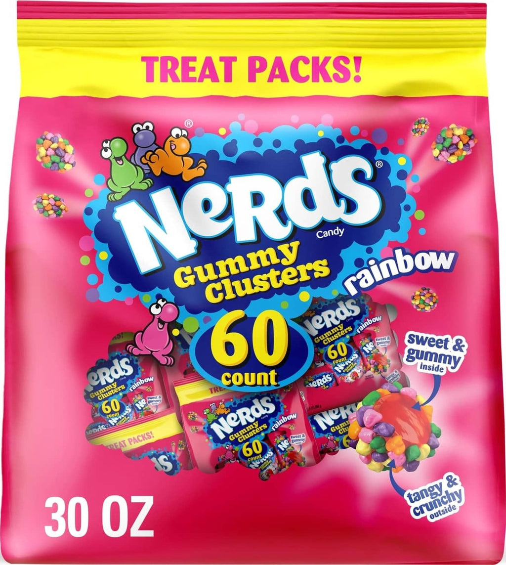 Rainbow gummy candy cluster bag, 60 count, sweet & tangy crunch graphics