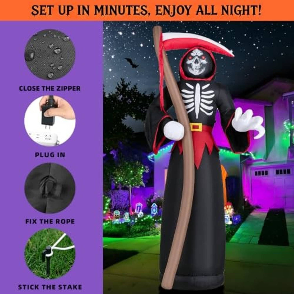 8ft outdoor Halloween inflatable grim reaper with red hood, black robe, skeleton face, gray scythe