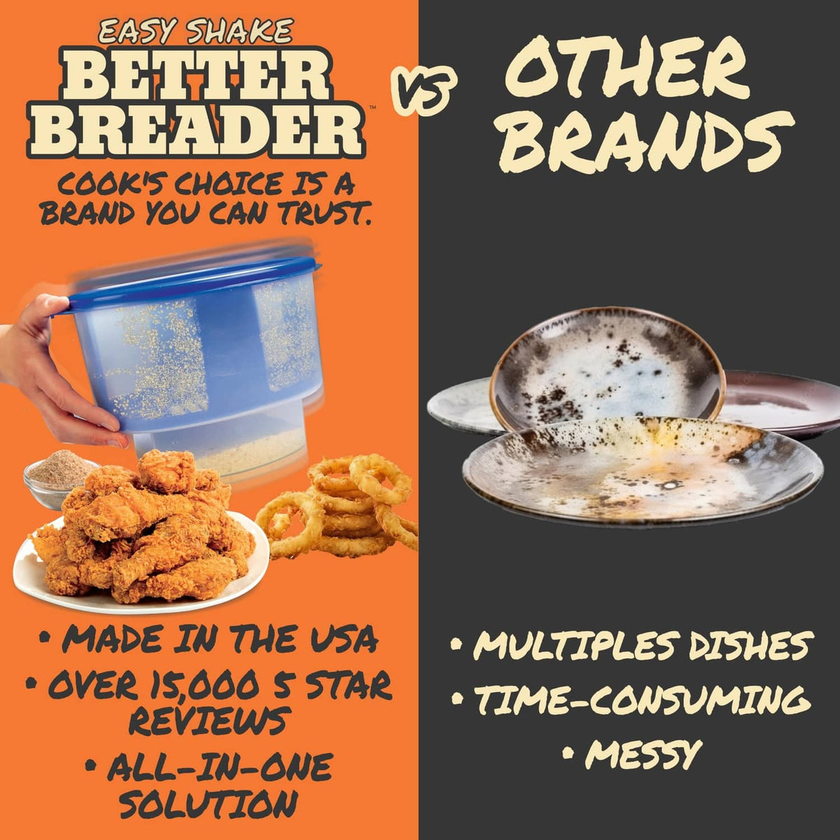 Better Breader bowl compared layout: blue-lidded bowl on left with breaded pieces