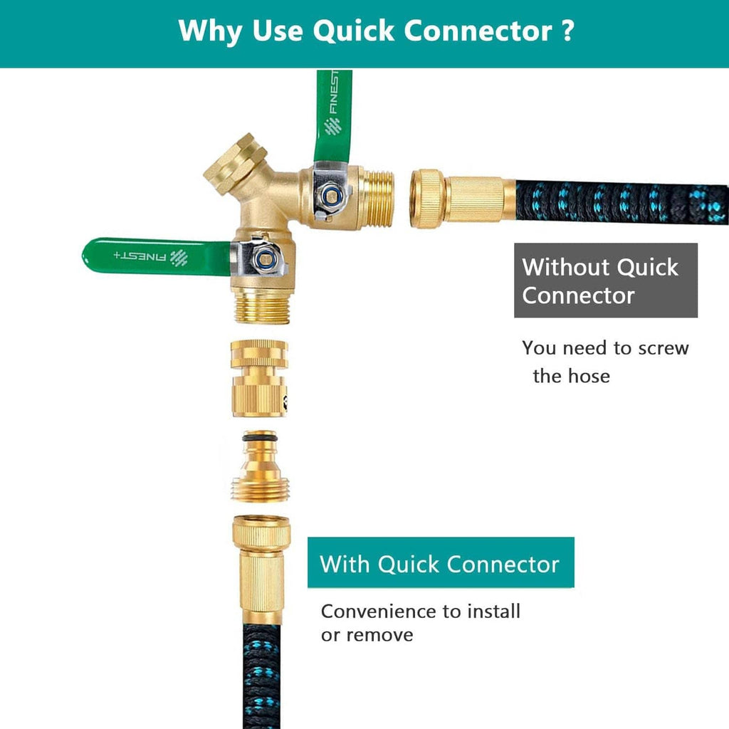 Brass quick connector with black O-ring for garden hose attachment, comparison view