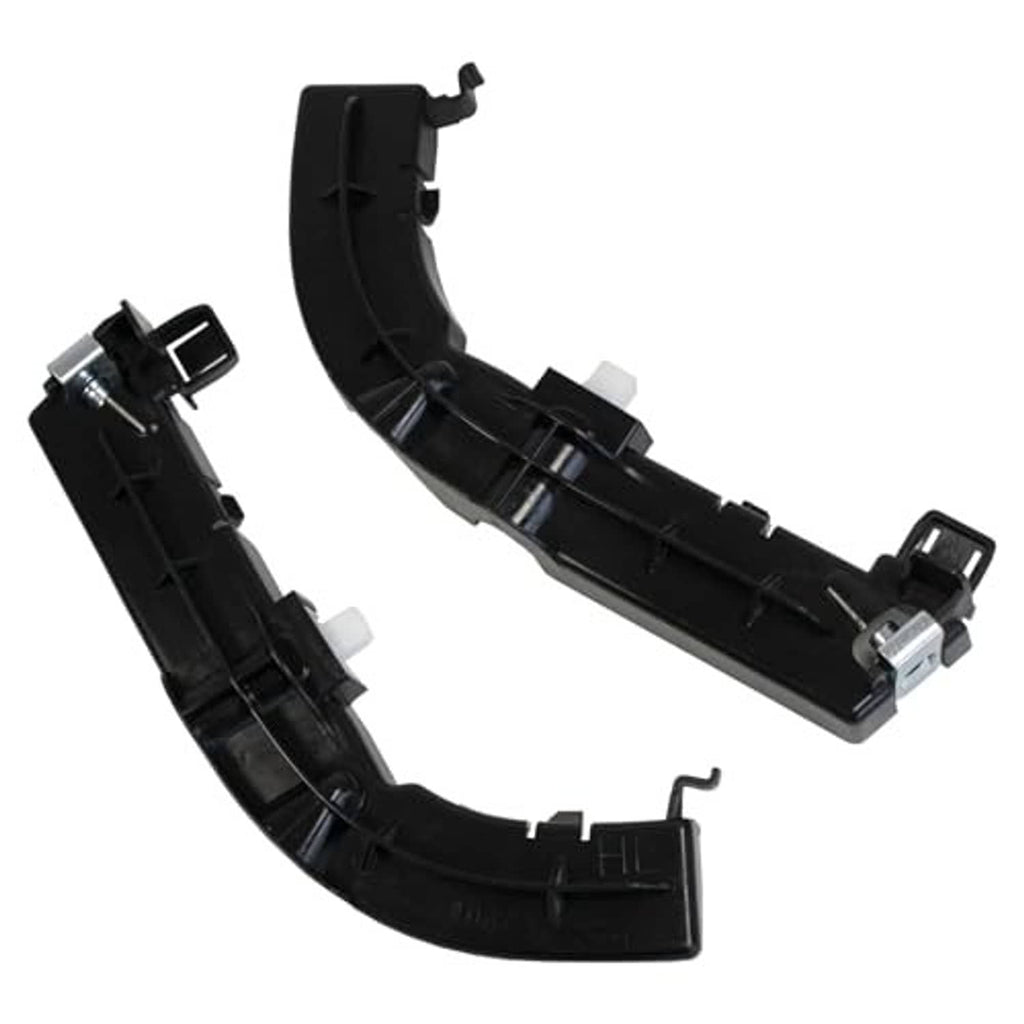 Left and right front bumper support brackets, black plastic with metal latch hardware.