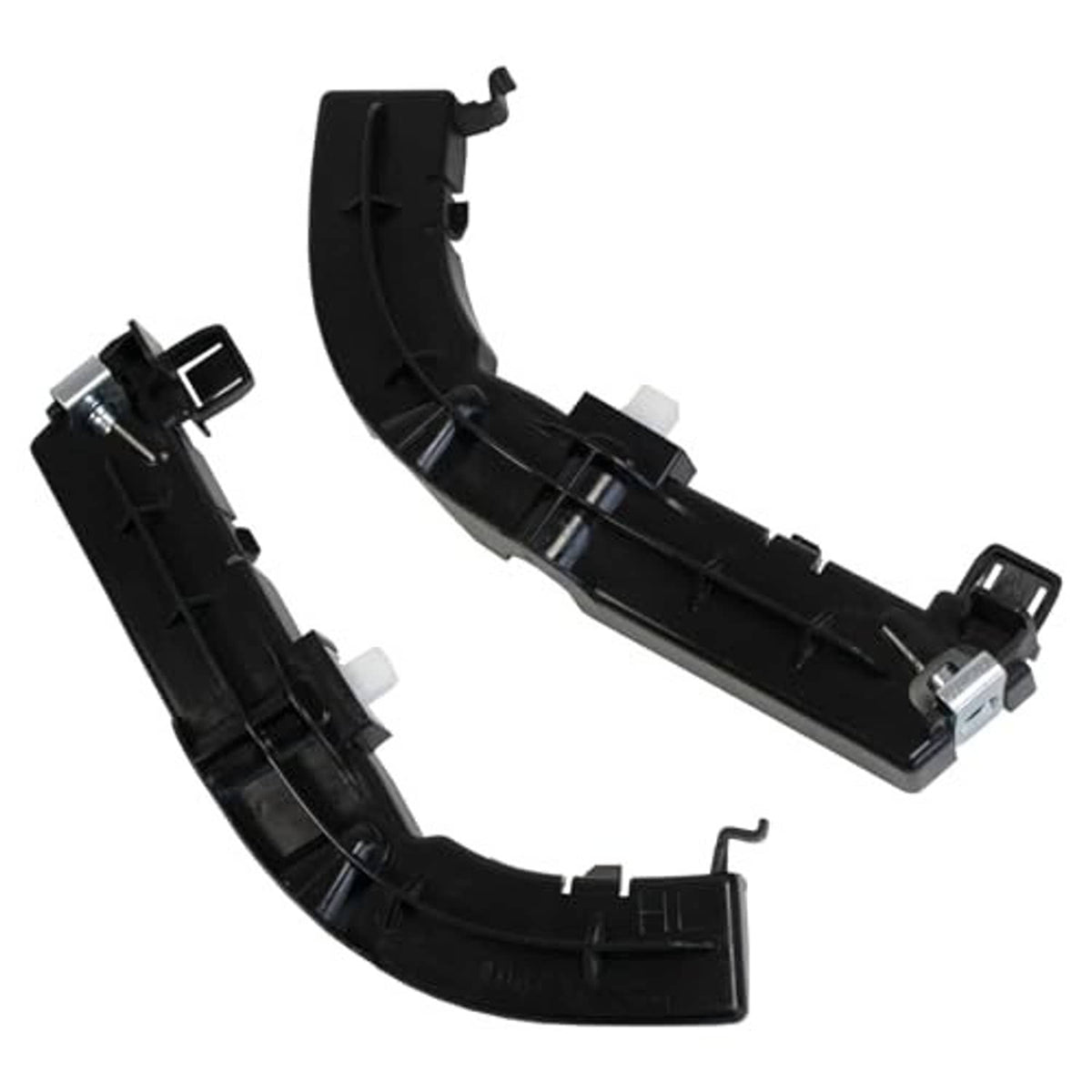 Left and right front bumper support brackets, black plastic with metal latch hardware.
