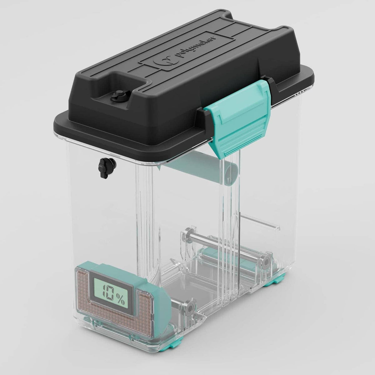Filament storage dry box with black top cover, teal panel, clear walls, internal filament path