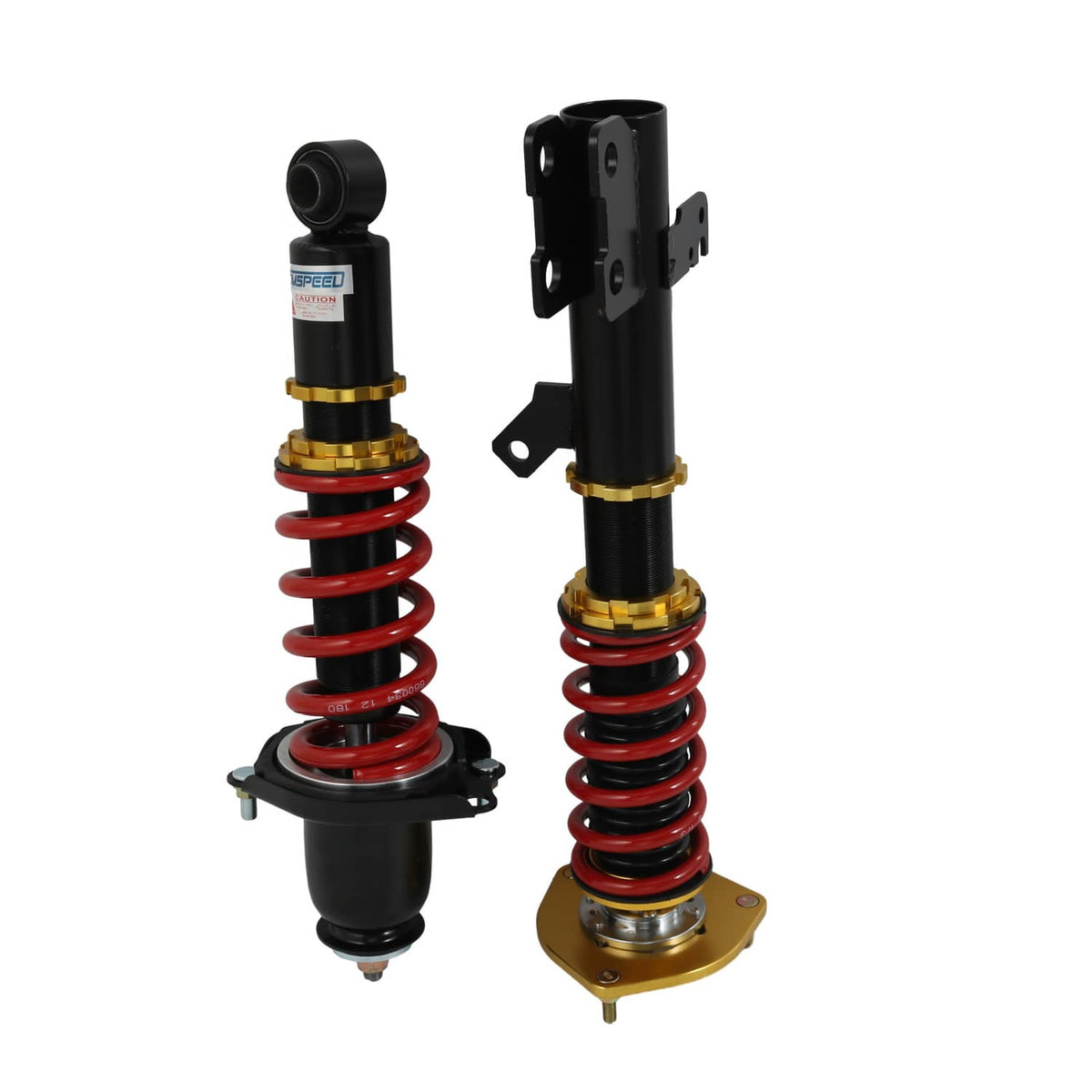 Pair of adjustable coilovers with black bodies, red springs, and gold top mounts