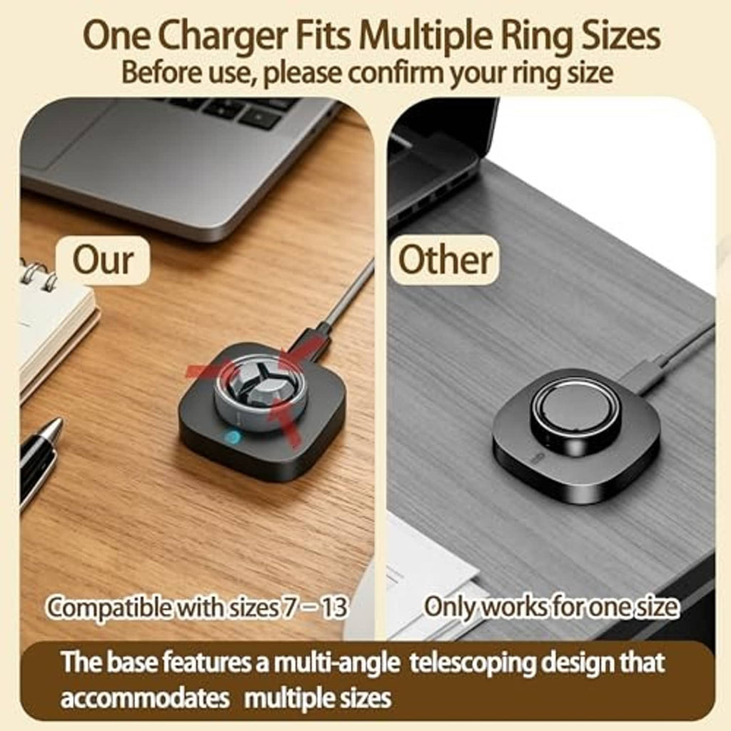 Black USB-C ring charging base with blue indicator light and adjustable ring cradle