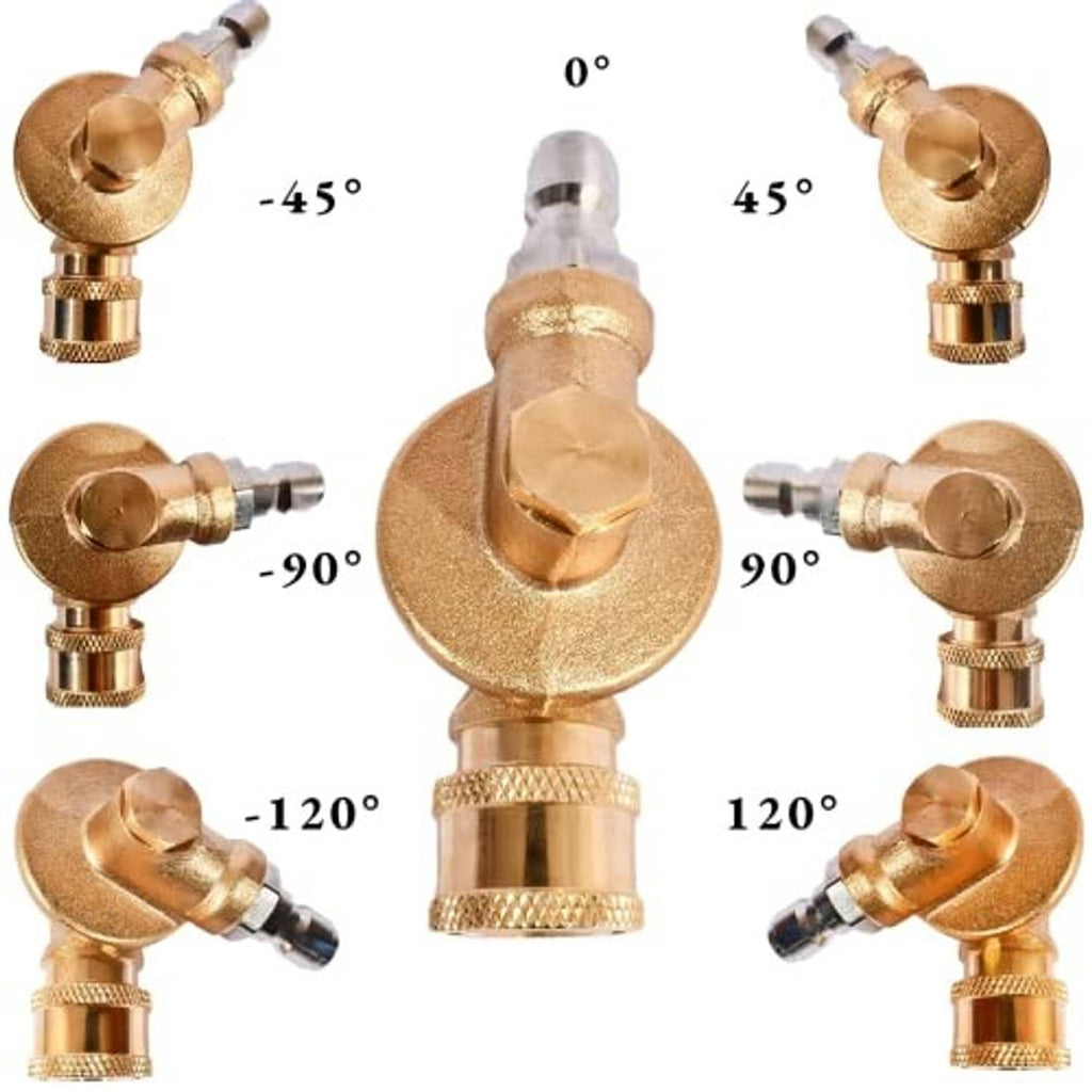 Brass pressure washer nozzle set showing 0°, 45°, 90° and more angle spray heads