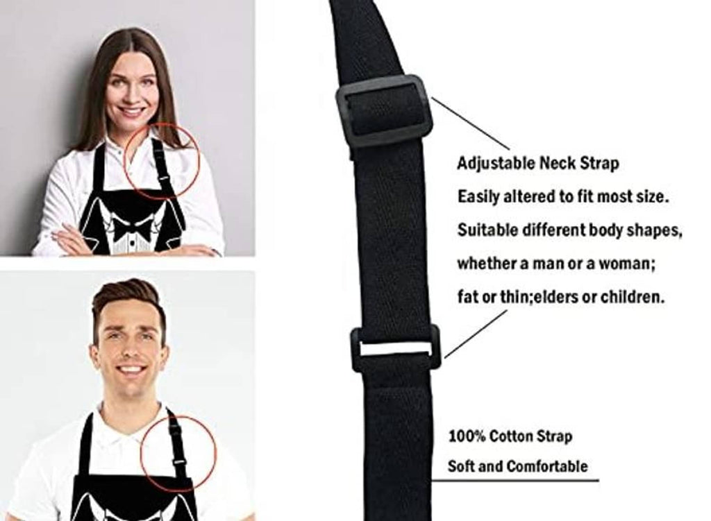 Adjustable black neck strap on a tuxedo-style BBQ apron bib.