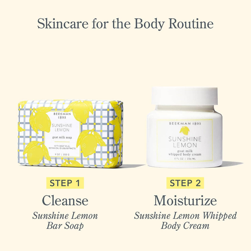 Body routine set with body soap and whipped body cream shown as step 1 and step 2