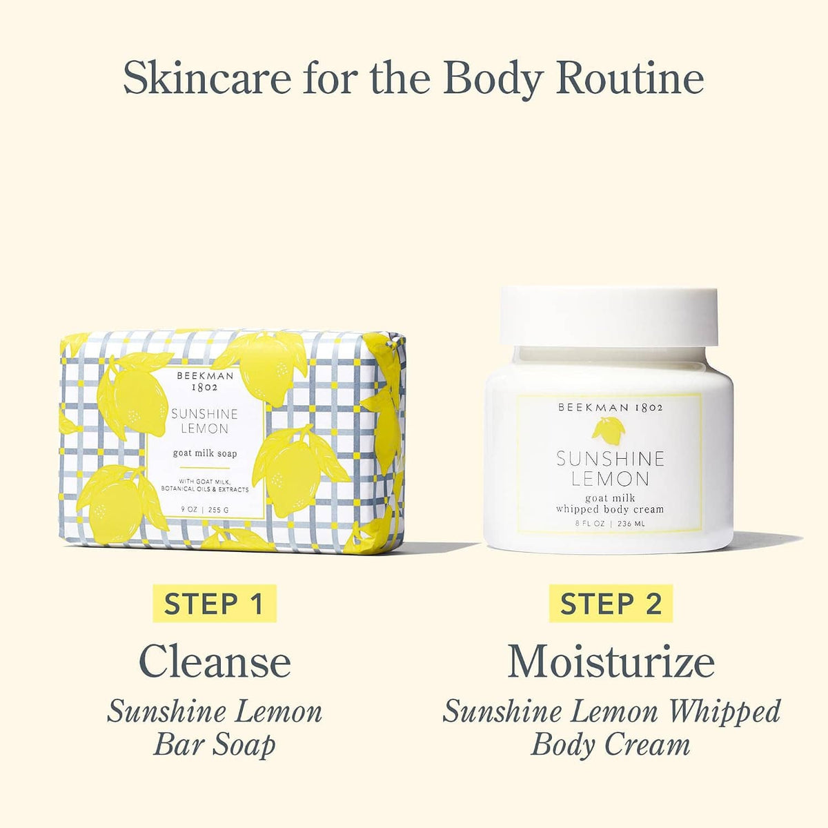 Body routine set with body soap and whipped body cream shown as step 1 and step 2