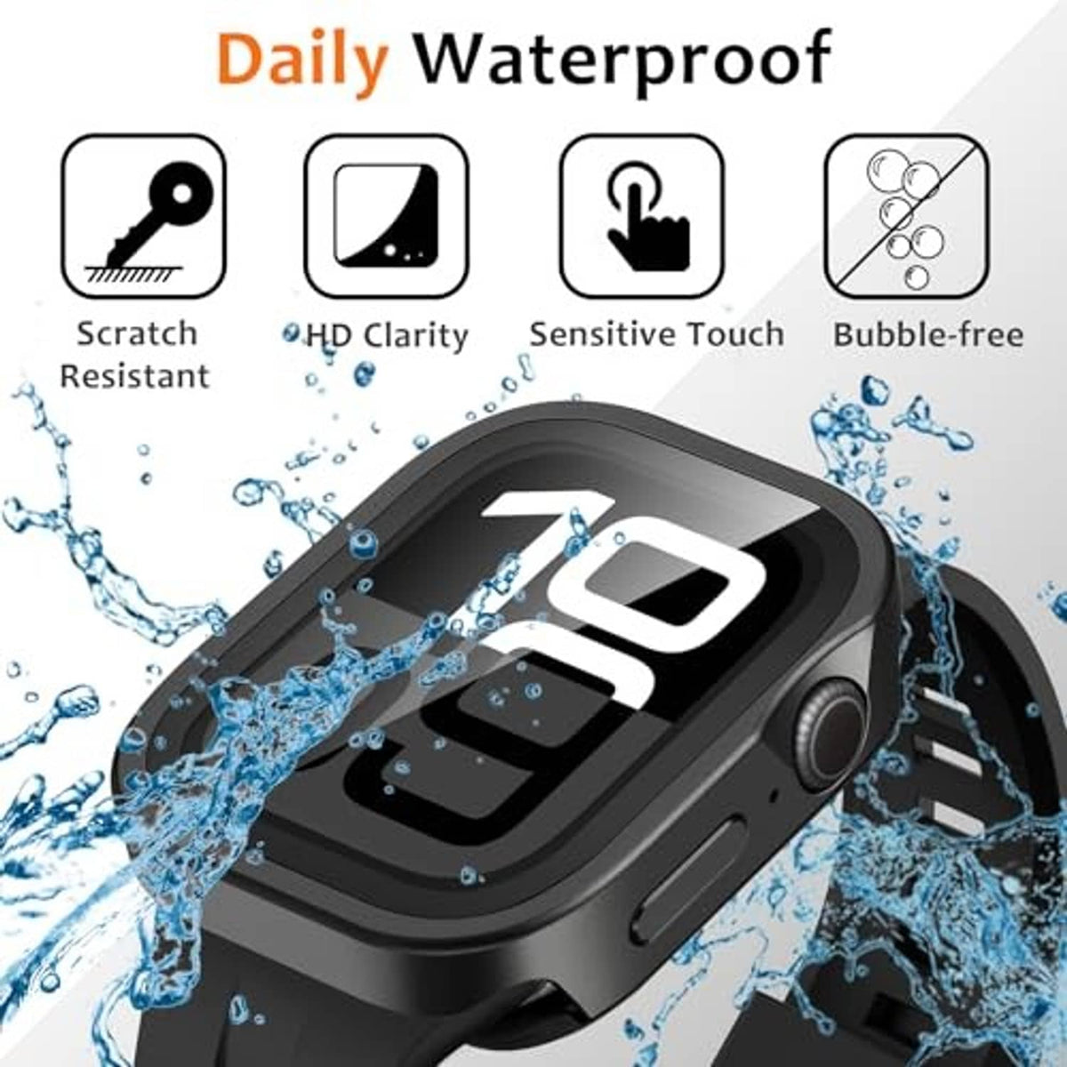 Black metal watch case with waterproof splash resistance and protected front screen
