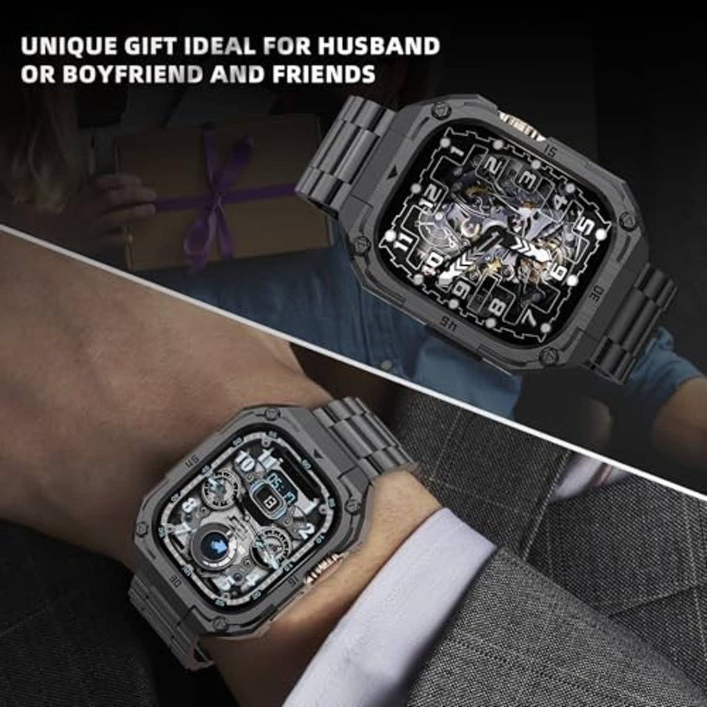Black steel link watch with raised bezel on wrist, mechanical skeleton dial