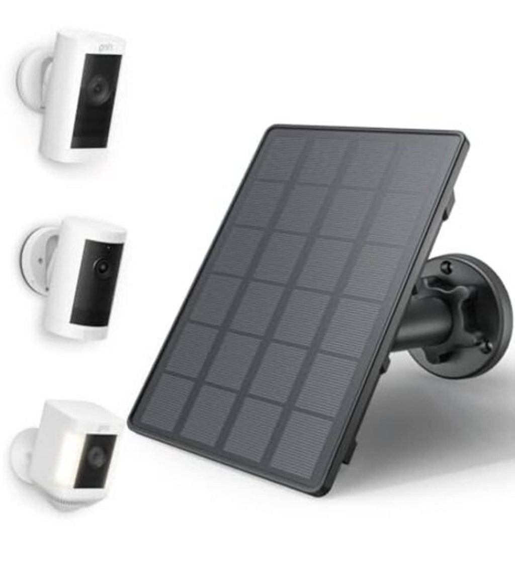 Solar panel battery for outdoor security camera: tilted dark solar panel on wall mount