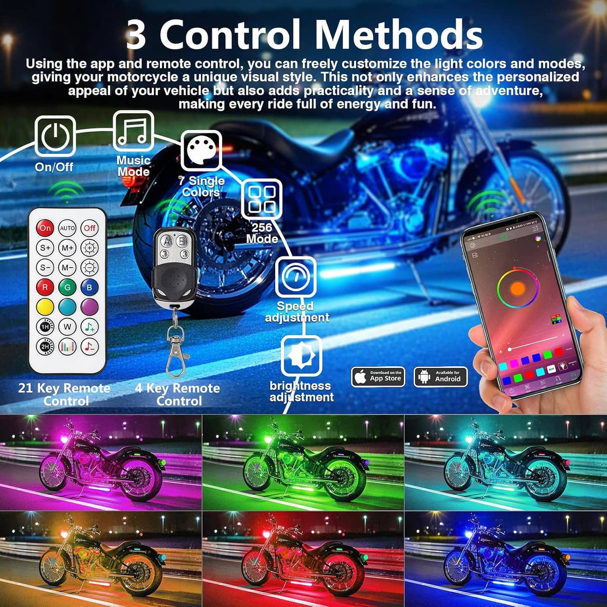 Motorcycle RGB LED strips with app phone and remote controllers, showing multiple color modes