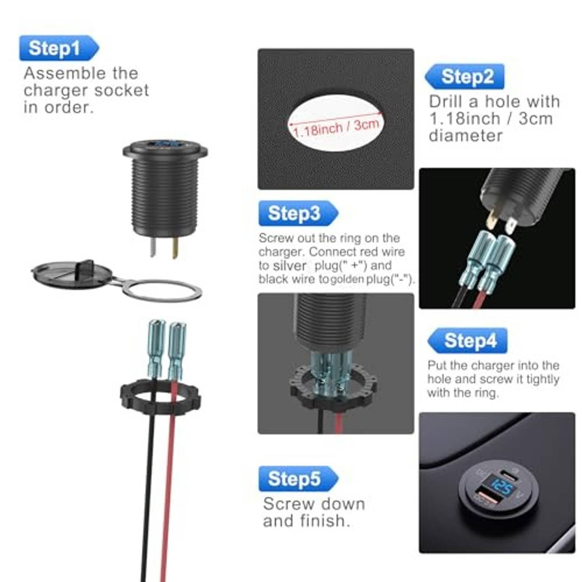 Car USB outlet installation kit with charger body, mounting ring, and connector pins