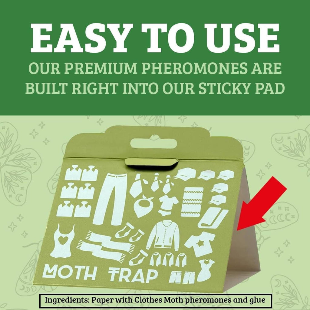 Green clothes moth trap box with hinged top and ingredients callout