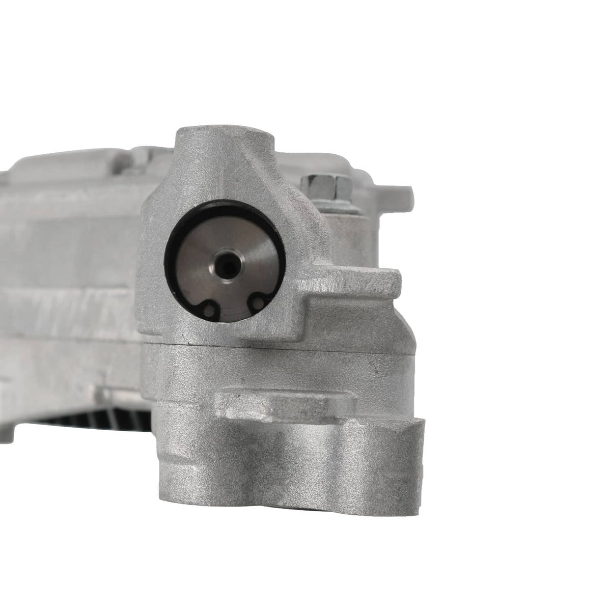 Oil pump housing end with round seal area and mounting surface, aluminum