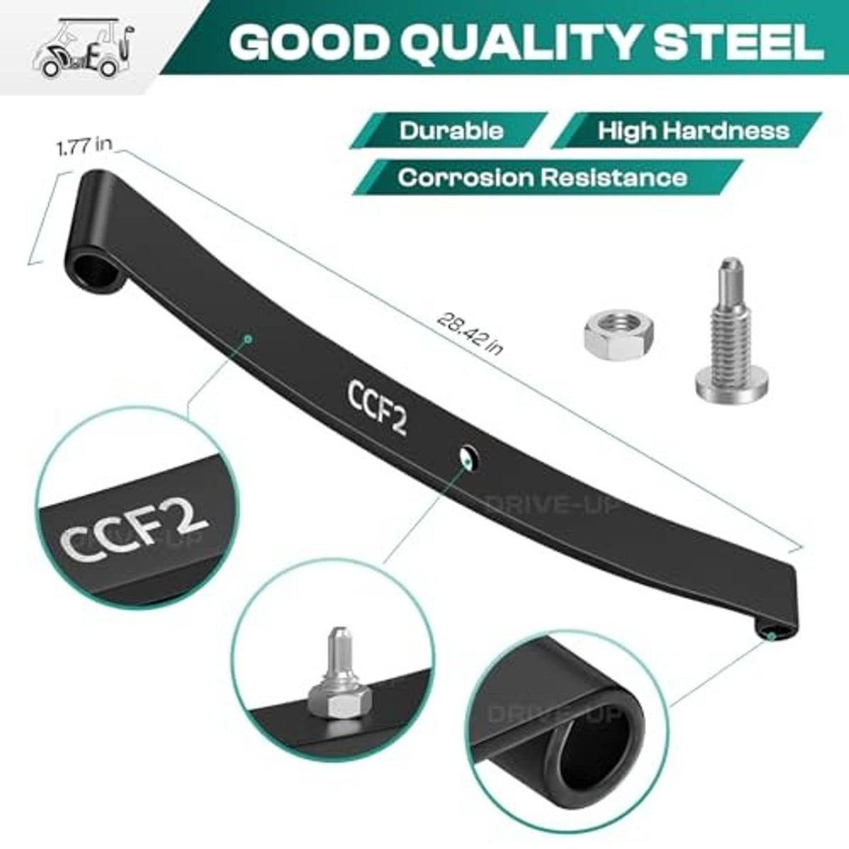 Black steel front leaf spring bar with mounting hole and threaded bolt hardware