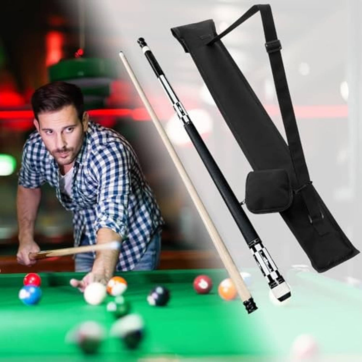 Black pool cue case holding two cues with separate shafts and butts compartments