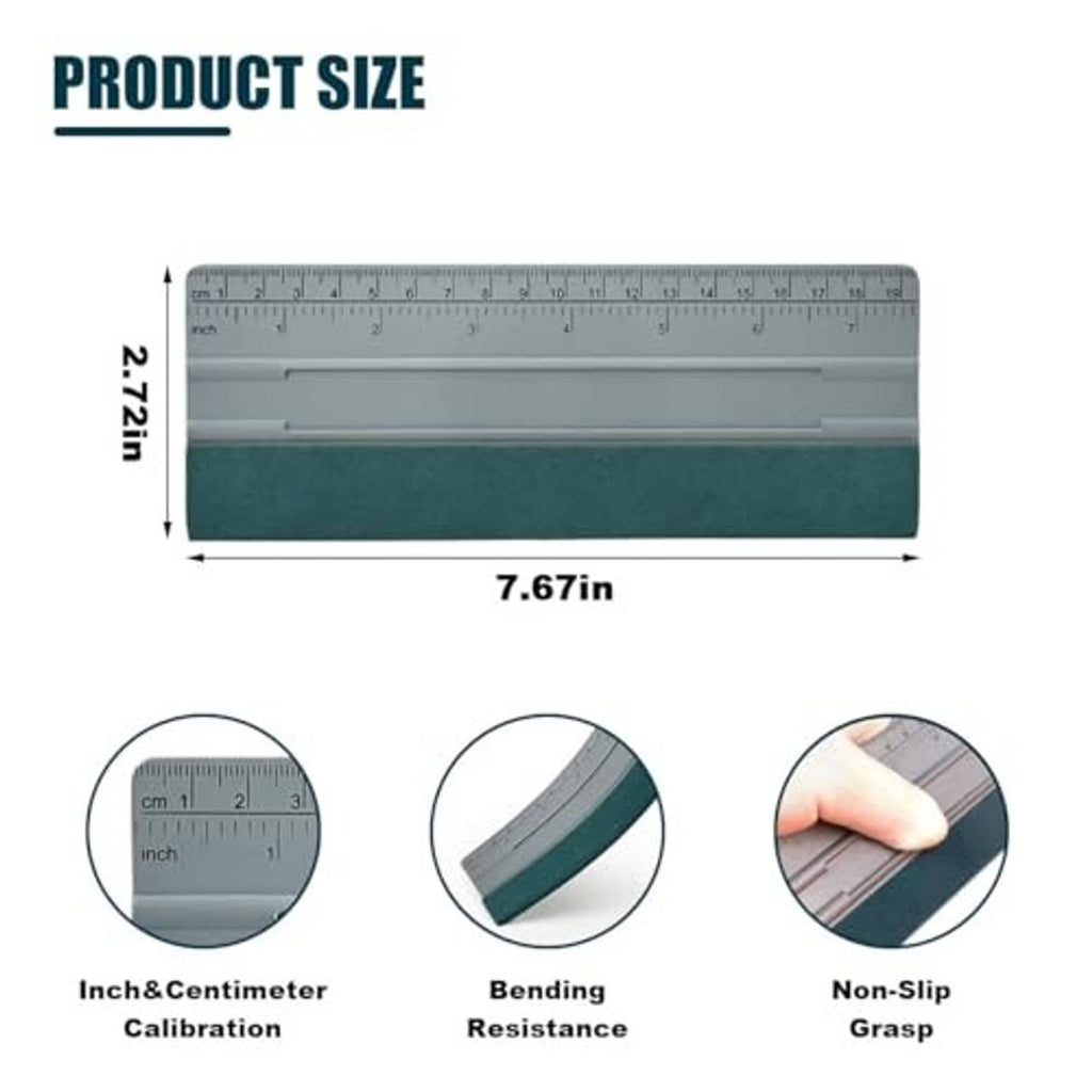 Gray squeegee with ruler scale and dark felt edge, shown with size layout