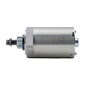 Electric starter motor, silver cylindrical metal body with terminal and bracket