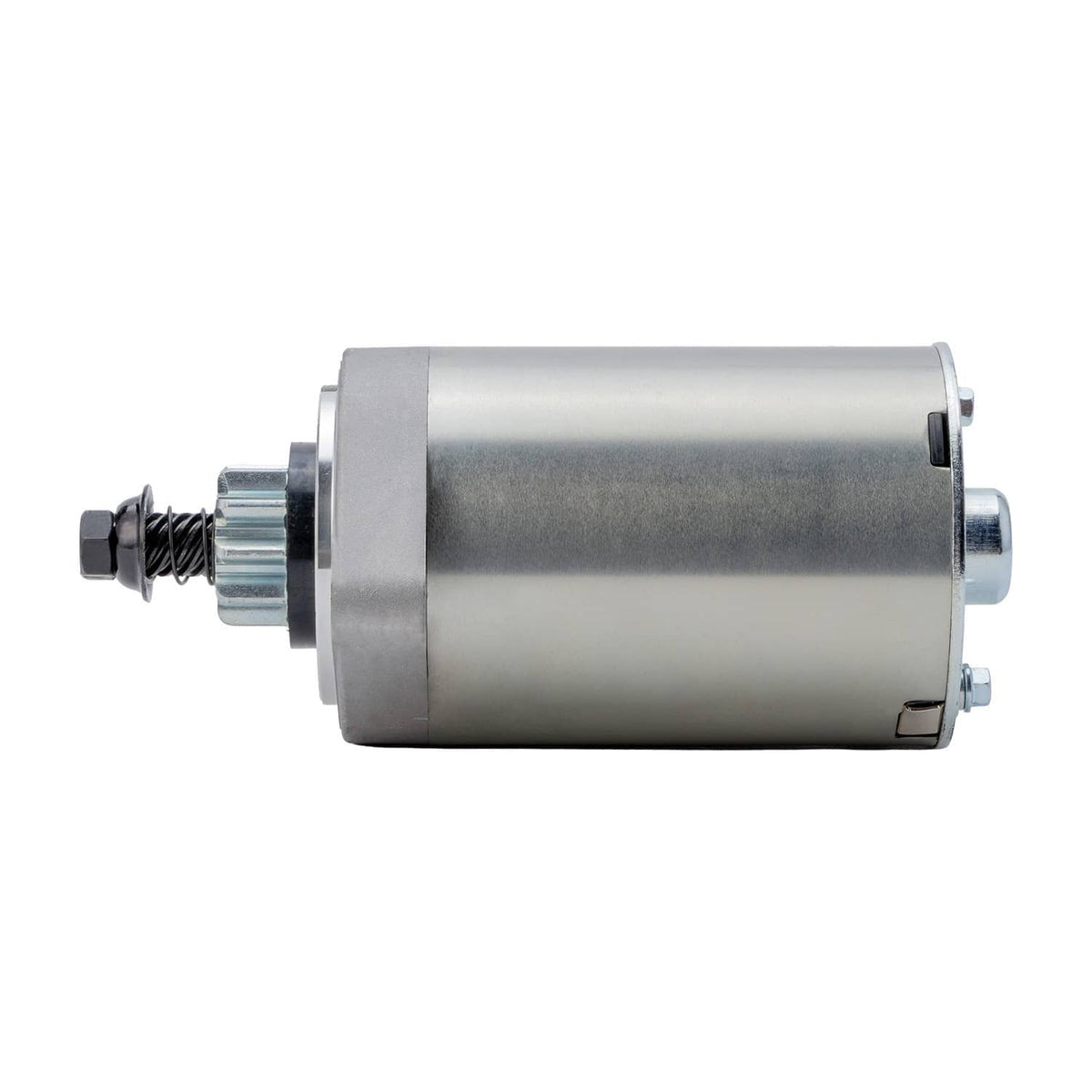 Electric starter motor, silver cylindrical metal body with terminal and bracket