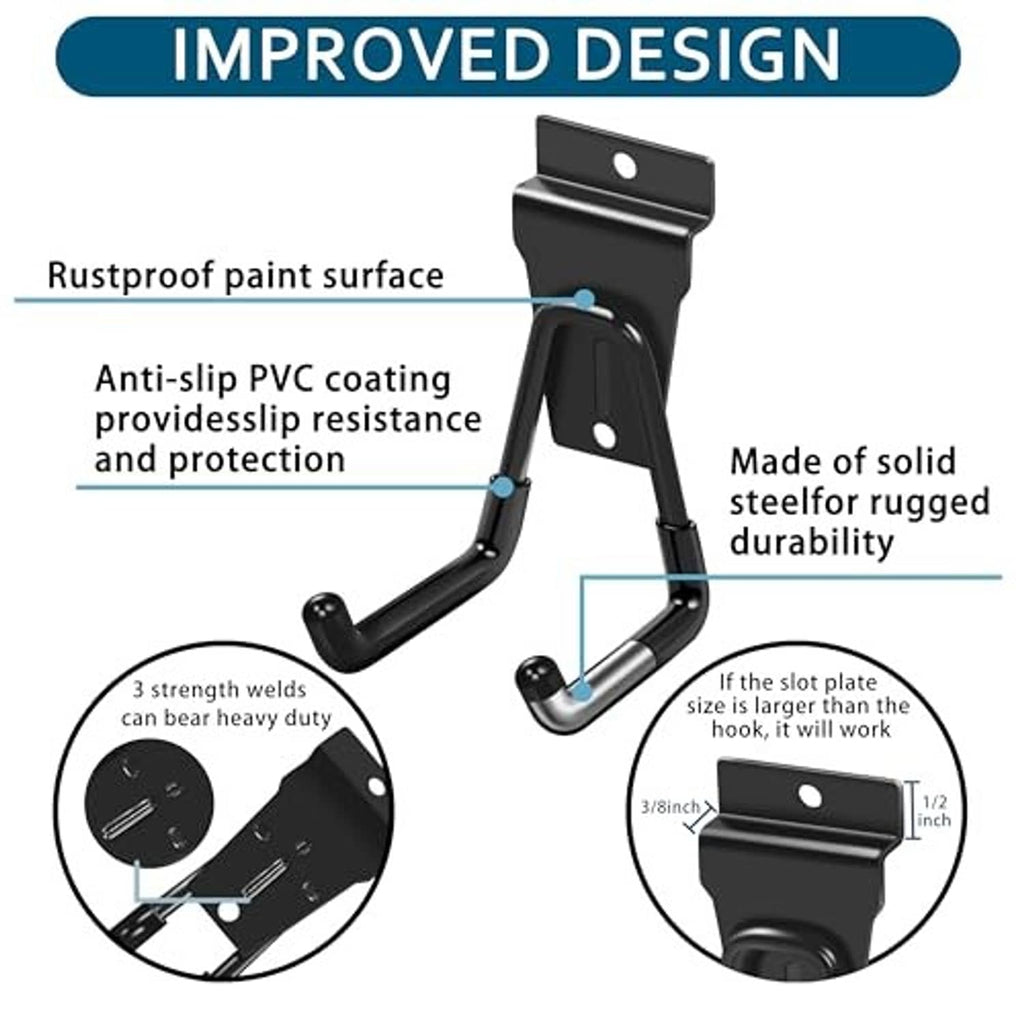 Black metal slatwall hook with non-slip PVC coating and raised mounting tabs