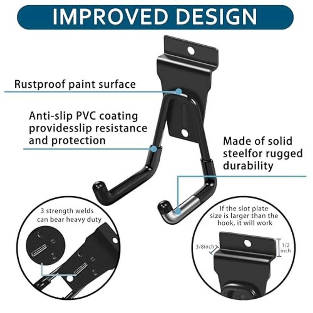 Black metal slatwall hook with non-slip PVC coating and raised mounting tabs