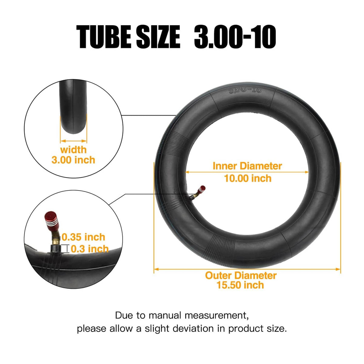 3.00-10 inner tube size diagram with 10.00 in inner diameter and 15.50 in outer diameter