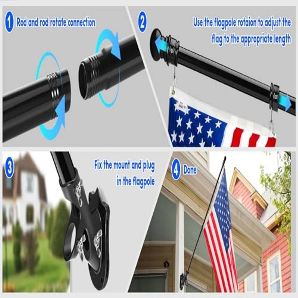 Black flag pole kit showing rod connection, flagpole rotation, and mounting bracket