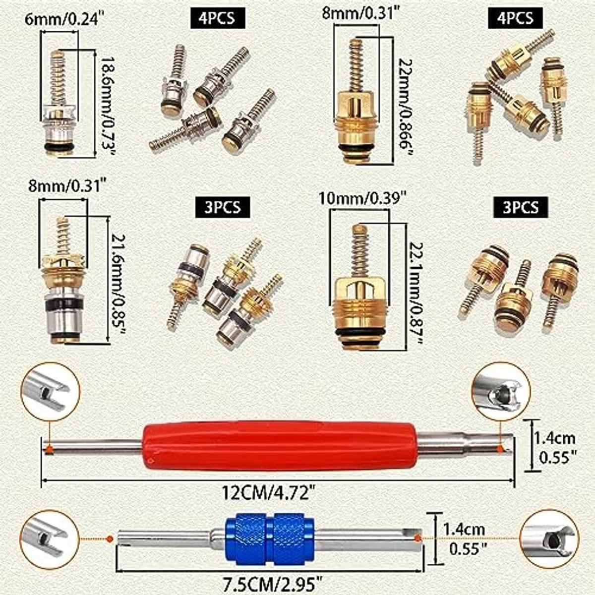 Car A/C valve core accessories kit with red-handled valve core remover and assorted cores
