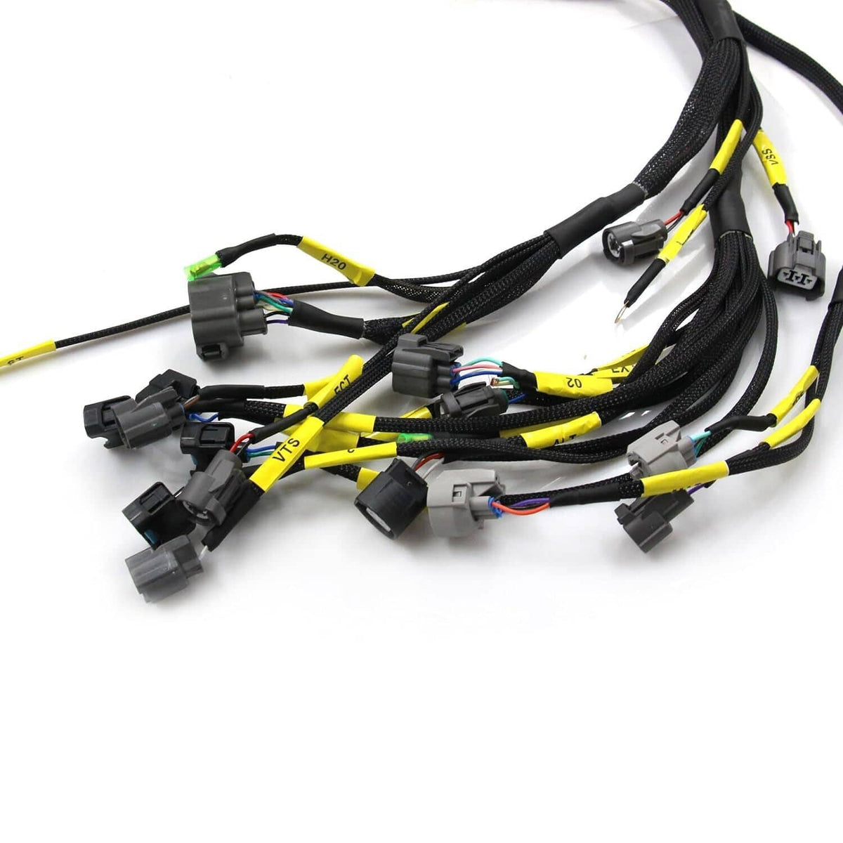 Engine wiring harness with black cable loom and yellow tracer wires with plugs