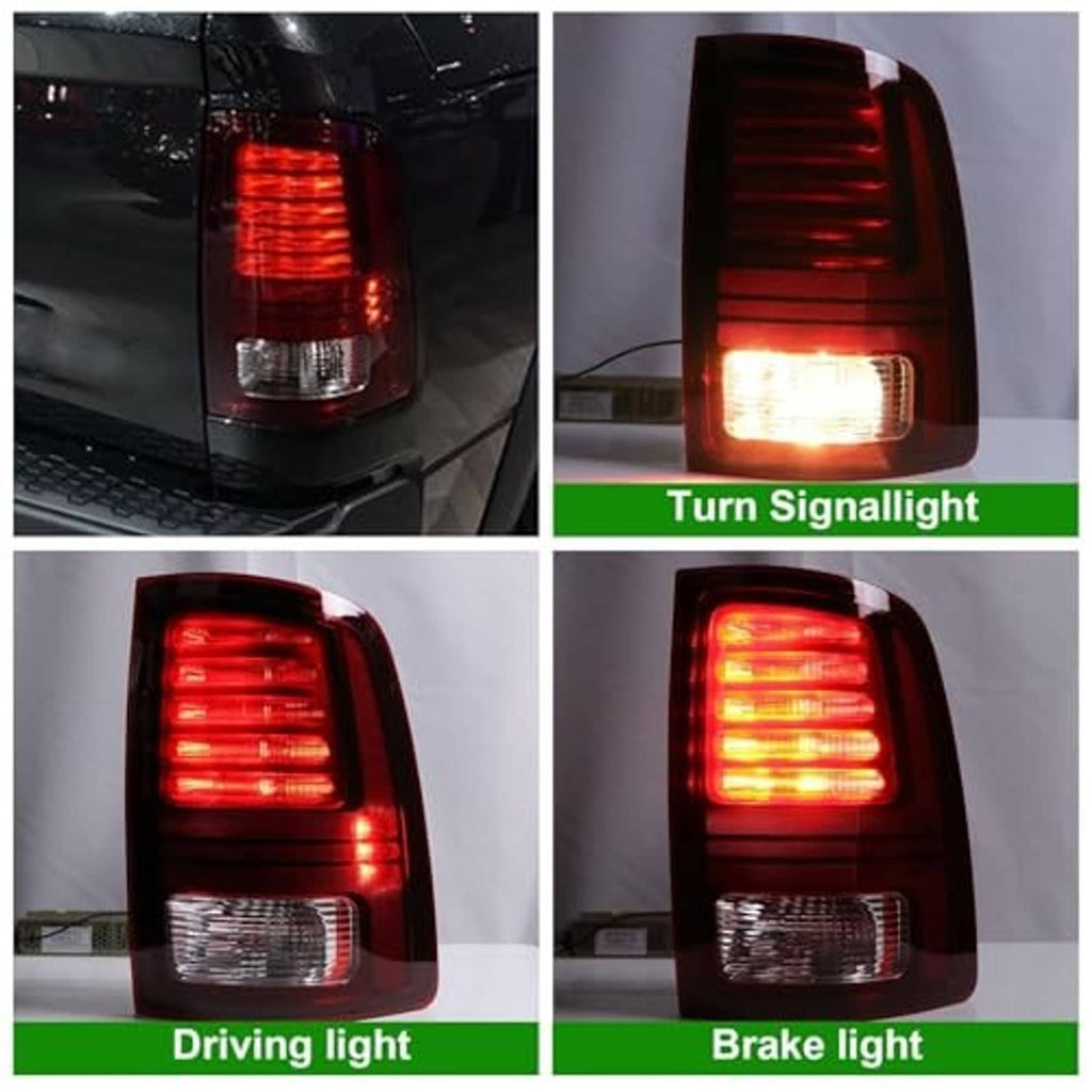 Illuminated right tail light showing red LED segments and clear reverse section