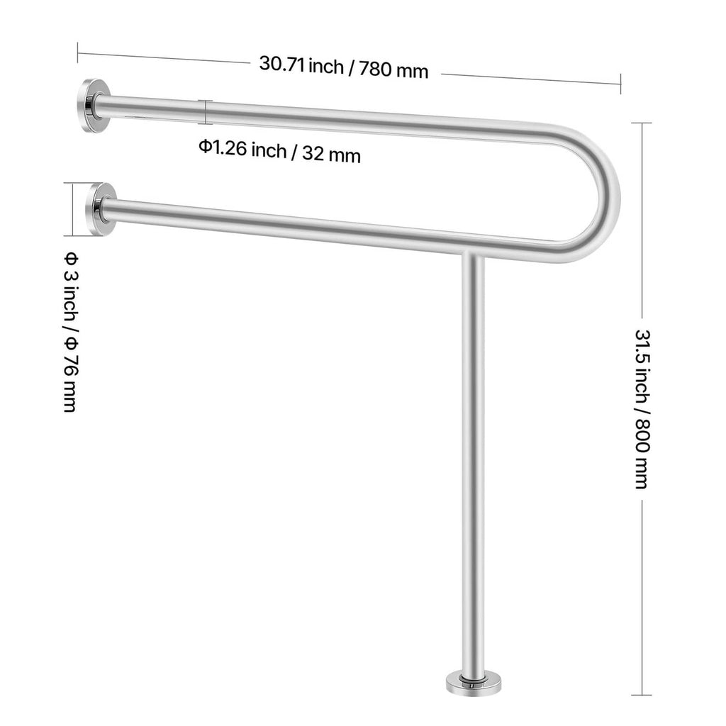 Toilet safety rail measurement diagram with 31.5 in height and 30.71 in length