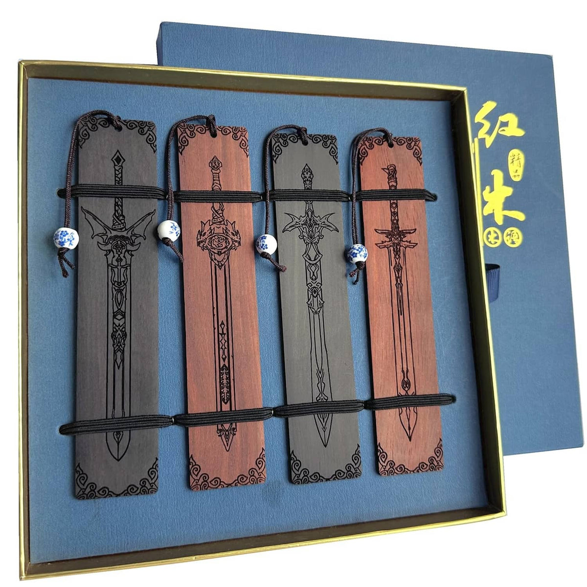 Sword bookmark set, four medieval sword designs in black and brown with cord ties
