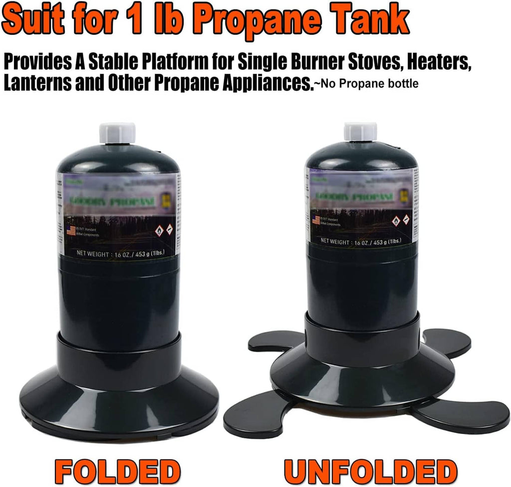 Propane cylinder base for 1 lb tank with three wide folding feet in folded and unfolded views